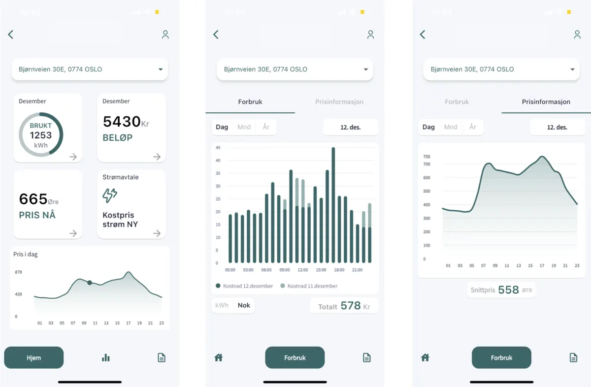 Three phone screens of the UtilityCloud Mypage app showing usage, costs and prices