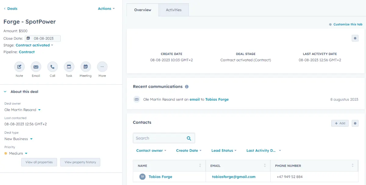 HubSpot deal record for 'Forge - SpotPower' with the deal details and contacts