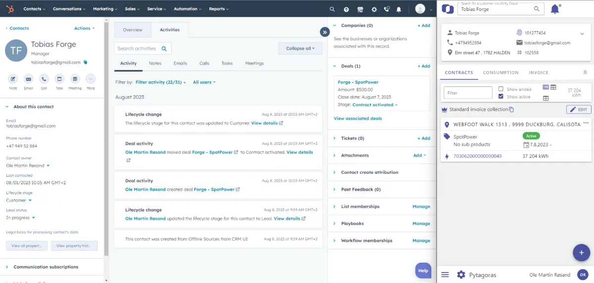 HubSpot contact page with the UtilityCloud customer panel open alongside it