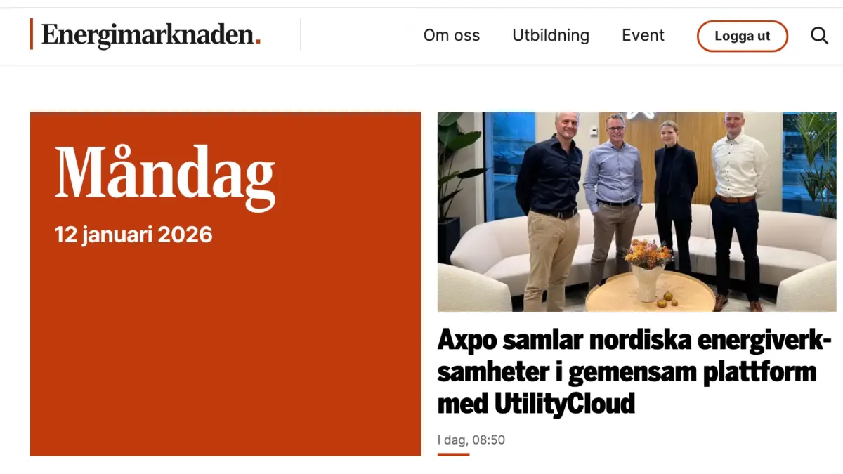 Energimarknaden news page with a photo of four people and headline on Axpo and UtilityCloud