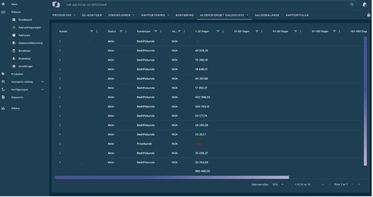 Customer balance aging list in the UtilityCloud invoicing screen, amounts in NOK