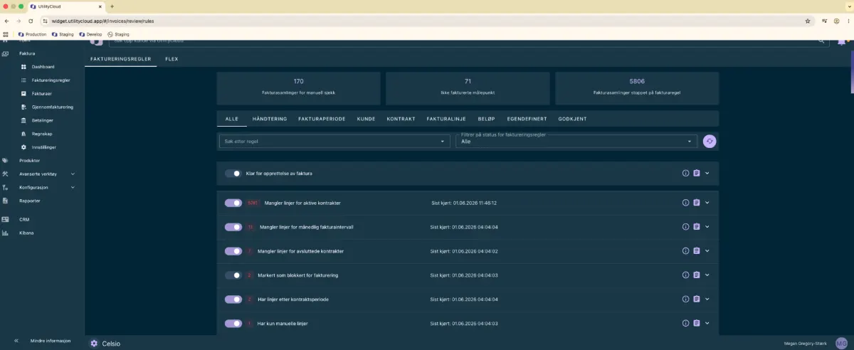 Billing rules screen in UtilityCloud listing invoice rule checks, with counts and last-run times