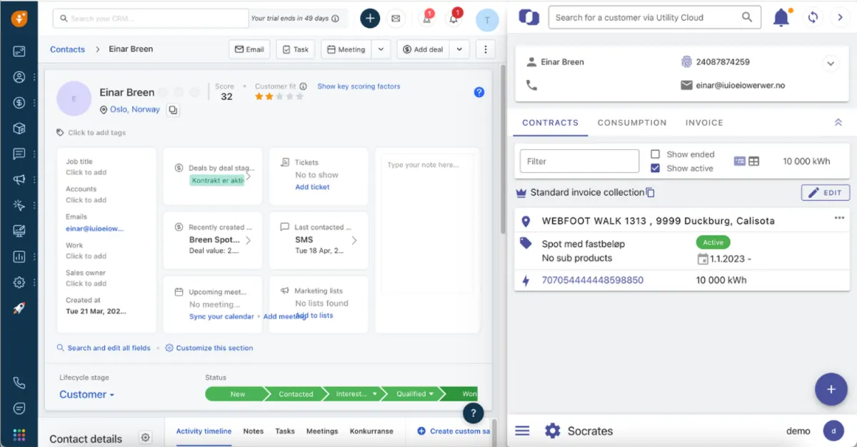 CRM contact record beside the UtilityCloud panel showing a customer's contracts and consumption