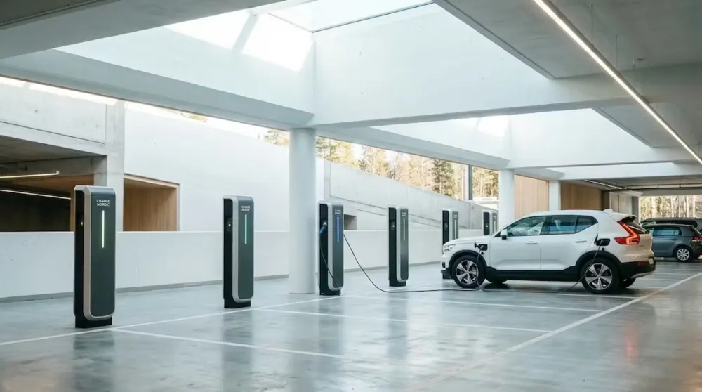 EV chargers in a parking garage